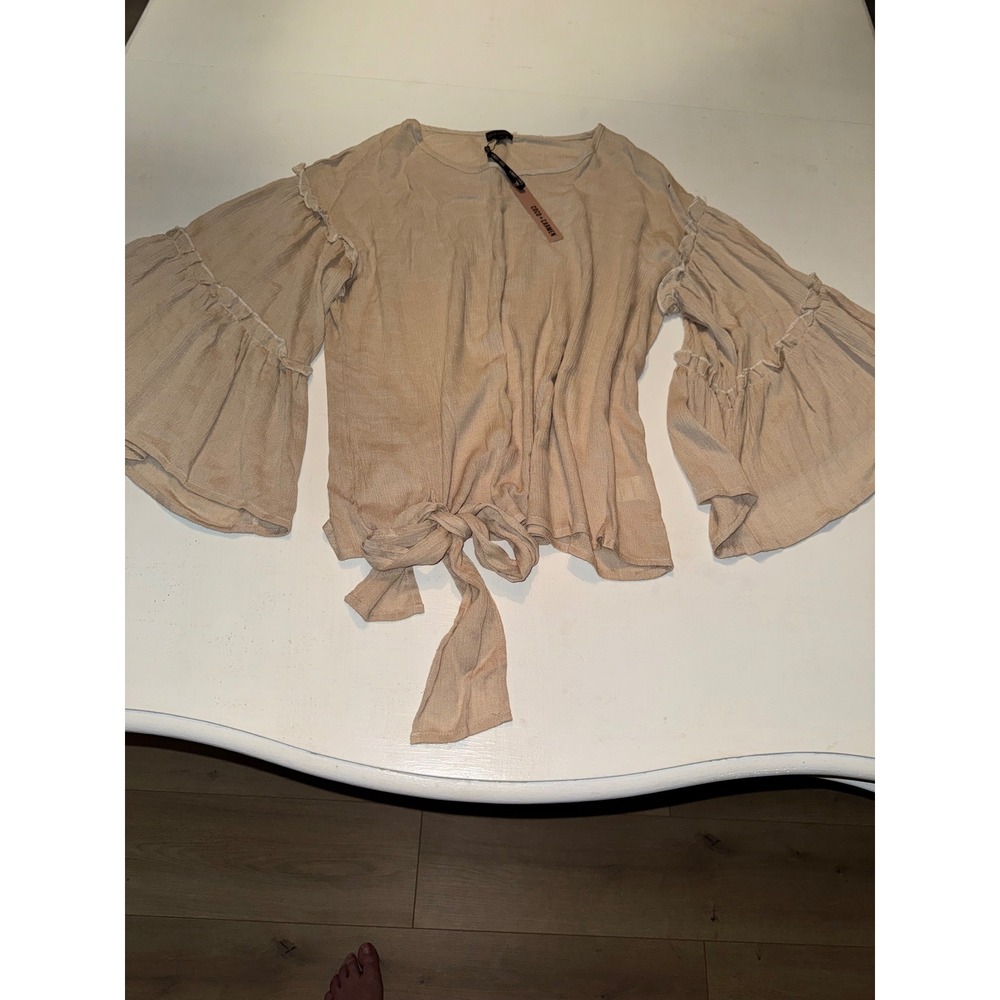 Coco + Carmen Tan Viscose Bell Sleeve Tie Front Boho Blouse Top L/XL NWT